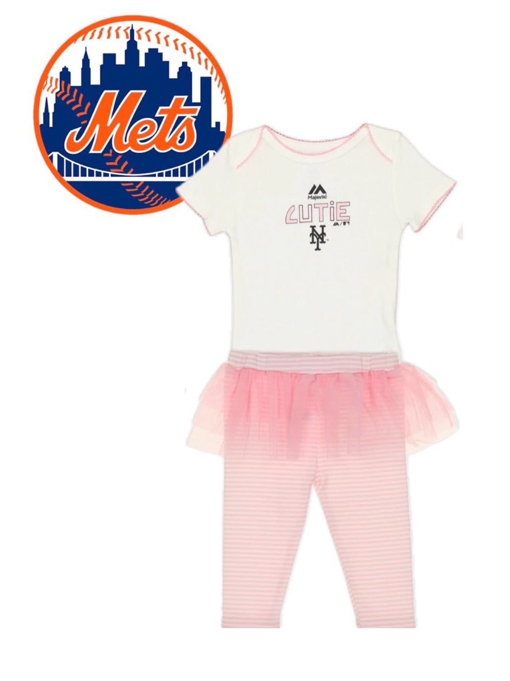 NWT [Majestic] New York Mets MLB Onesie & Tulle Pink Skirt, 2-Piece Set Baby 9 M